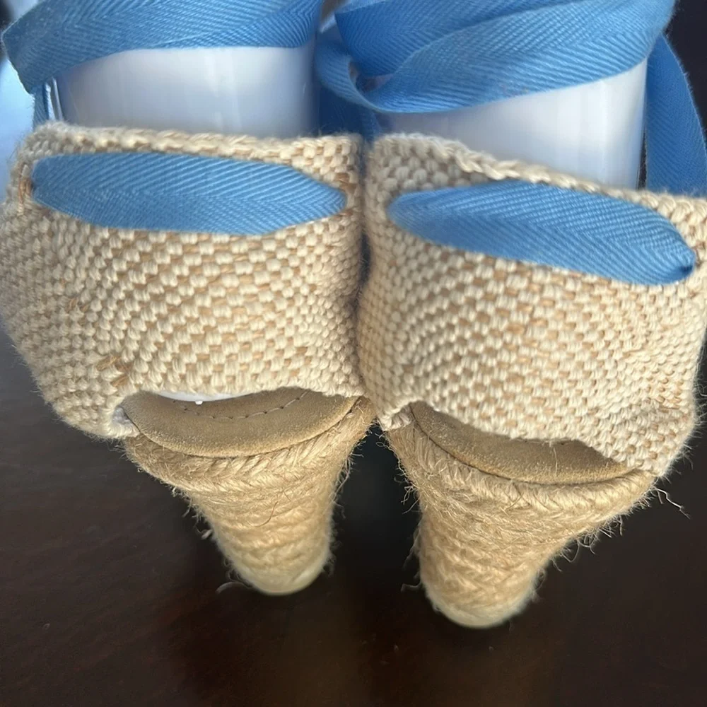 J. Crew Womens Marianne Espadrilles Tie Wedges Yellow Light Blue Spa Whales Sz 8